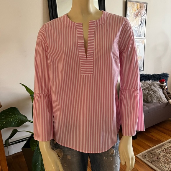 J. Crew Pink Striped Bell Sleeve Top / Tunic - Picture 2 of 9